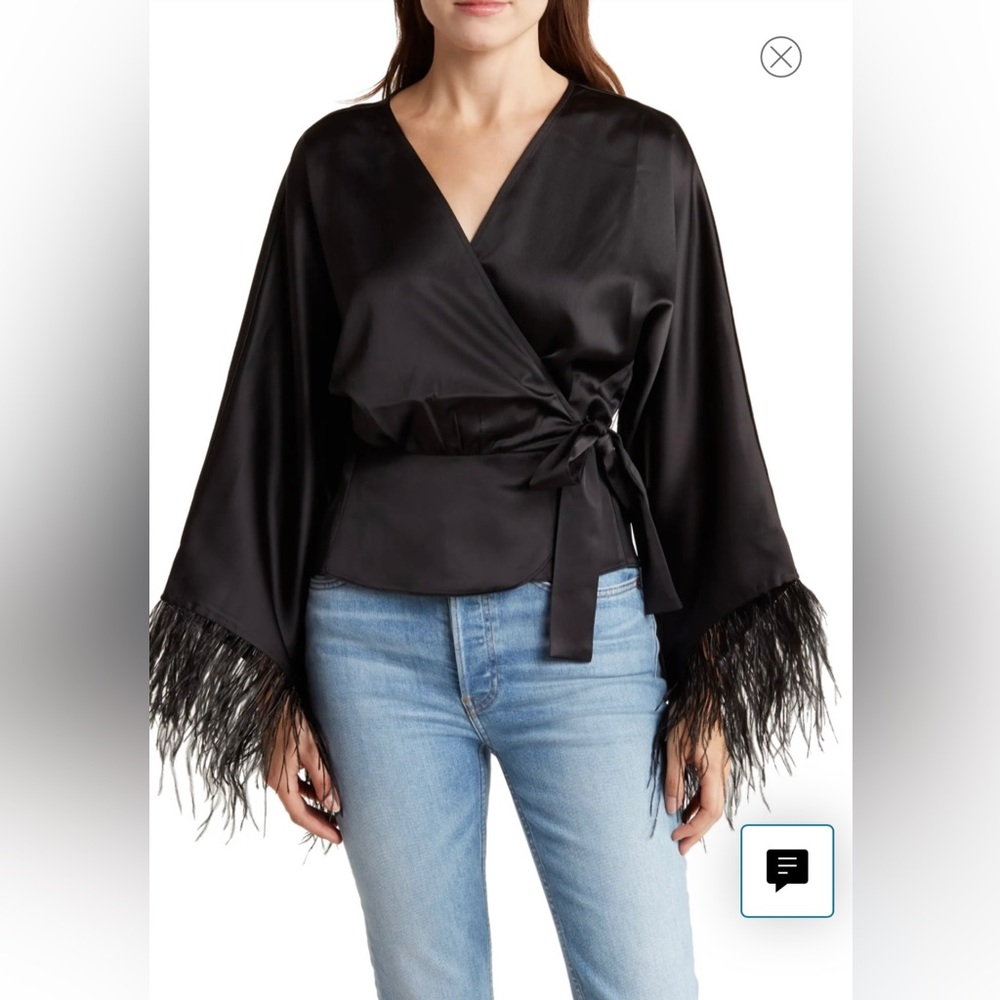 WAYF black feather trim satin top